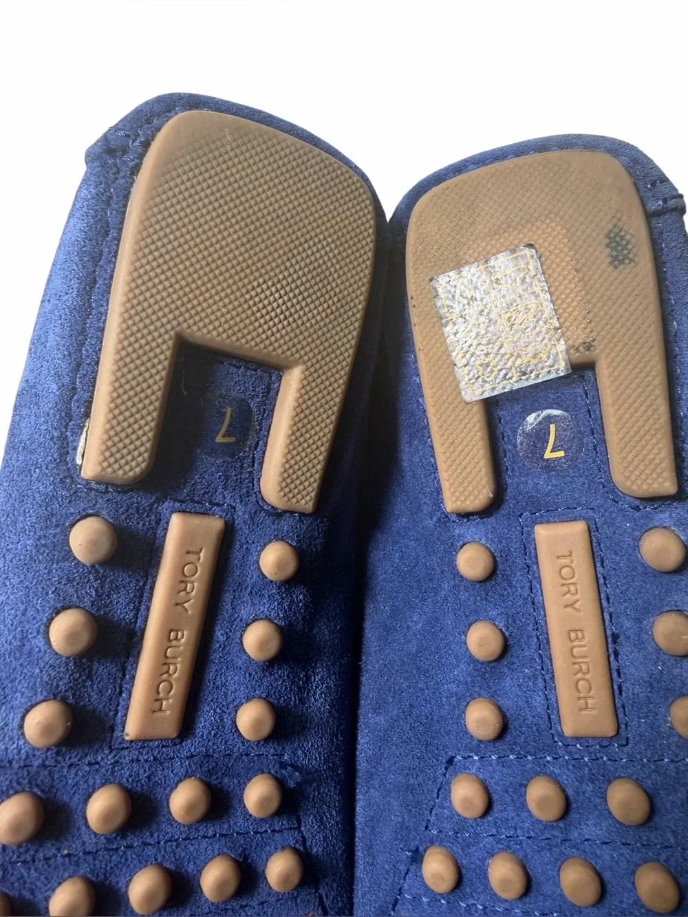 Tory Burch Everly driver loafers royal navy suede, emblem brass logo NEW size 7